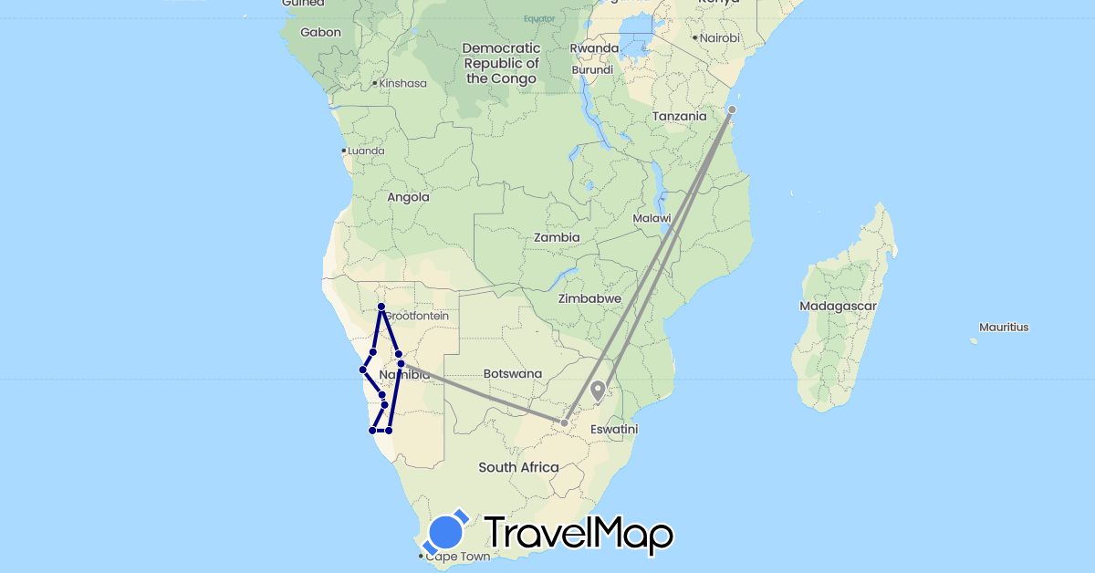 TravelMap itinerary: driving, plane in Namibia, Tanzania, South Africa (Africa)